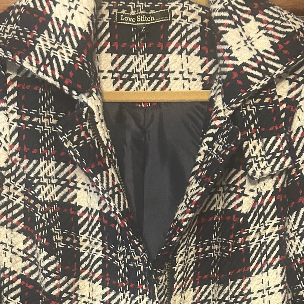 Love Stitch vintage Plaid Pea Coat in Cream, Black & Red